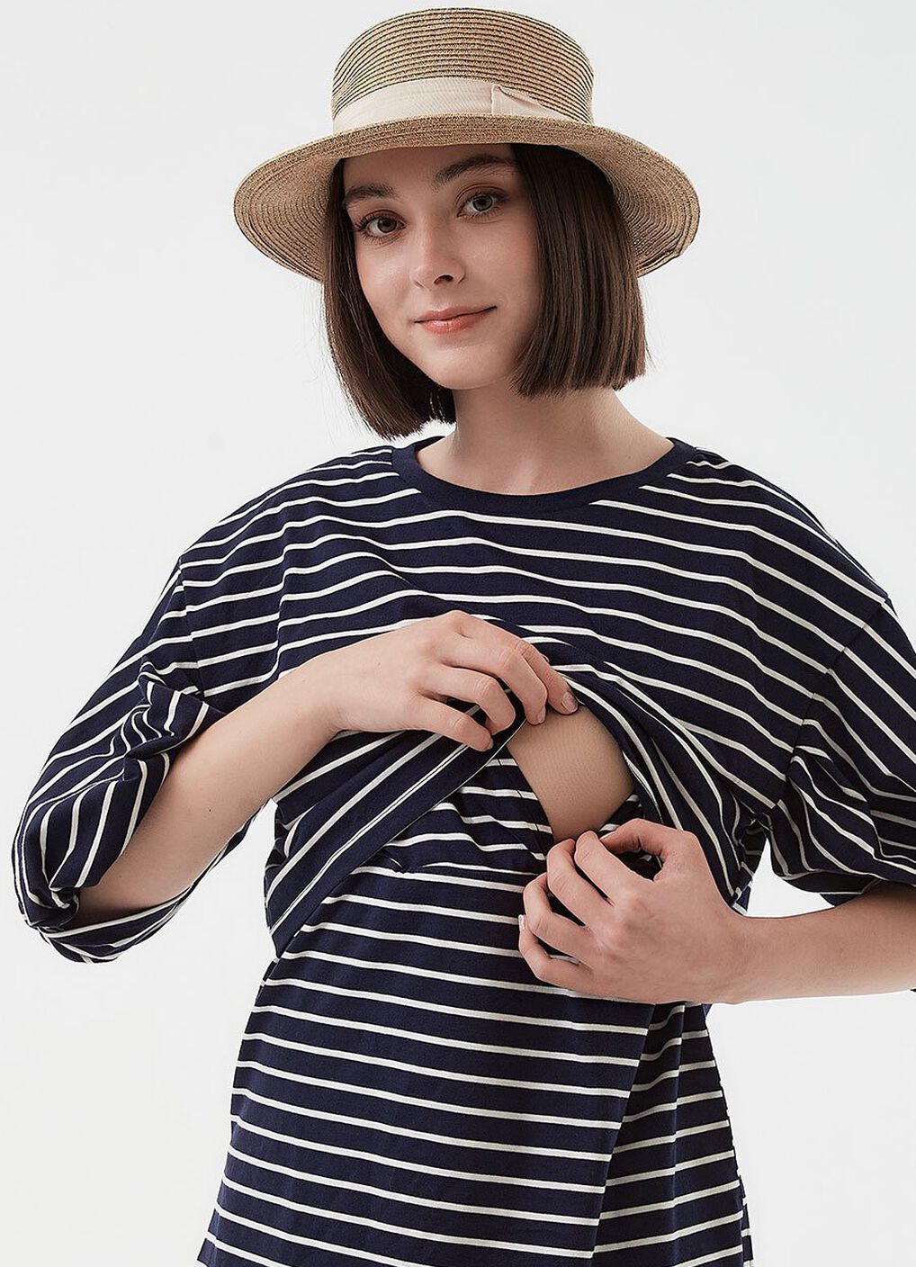 Striped Puff Sleeve Maternity & Nursing Top, , hi-res image number 1