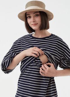 Striped Puff Sleeve Maternity & Nursing Top, , hi-res