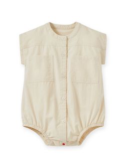 Button Down Baby Short Sleeve Romper, Cream, hi-res