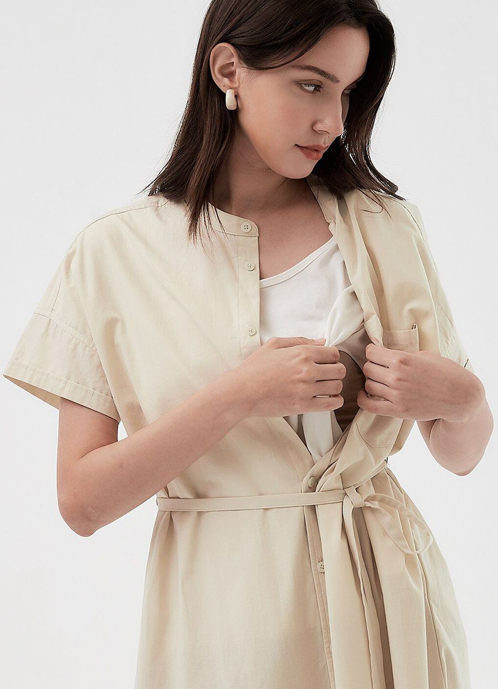 Cotton Maternity & Nursing Shirt Dress, Cream, hi-res image number 1