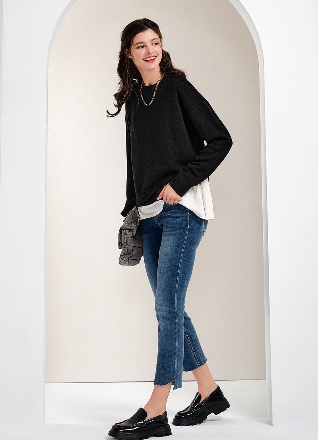 Knitted 2 in 1 Maternity & Nursing Layered Jumper, Black, hi-res image number 2