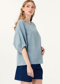 Lantern Sleeves Cotton M&N Top, Blue Grey, hi-res
