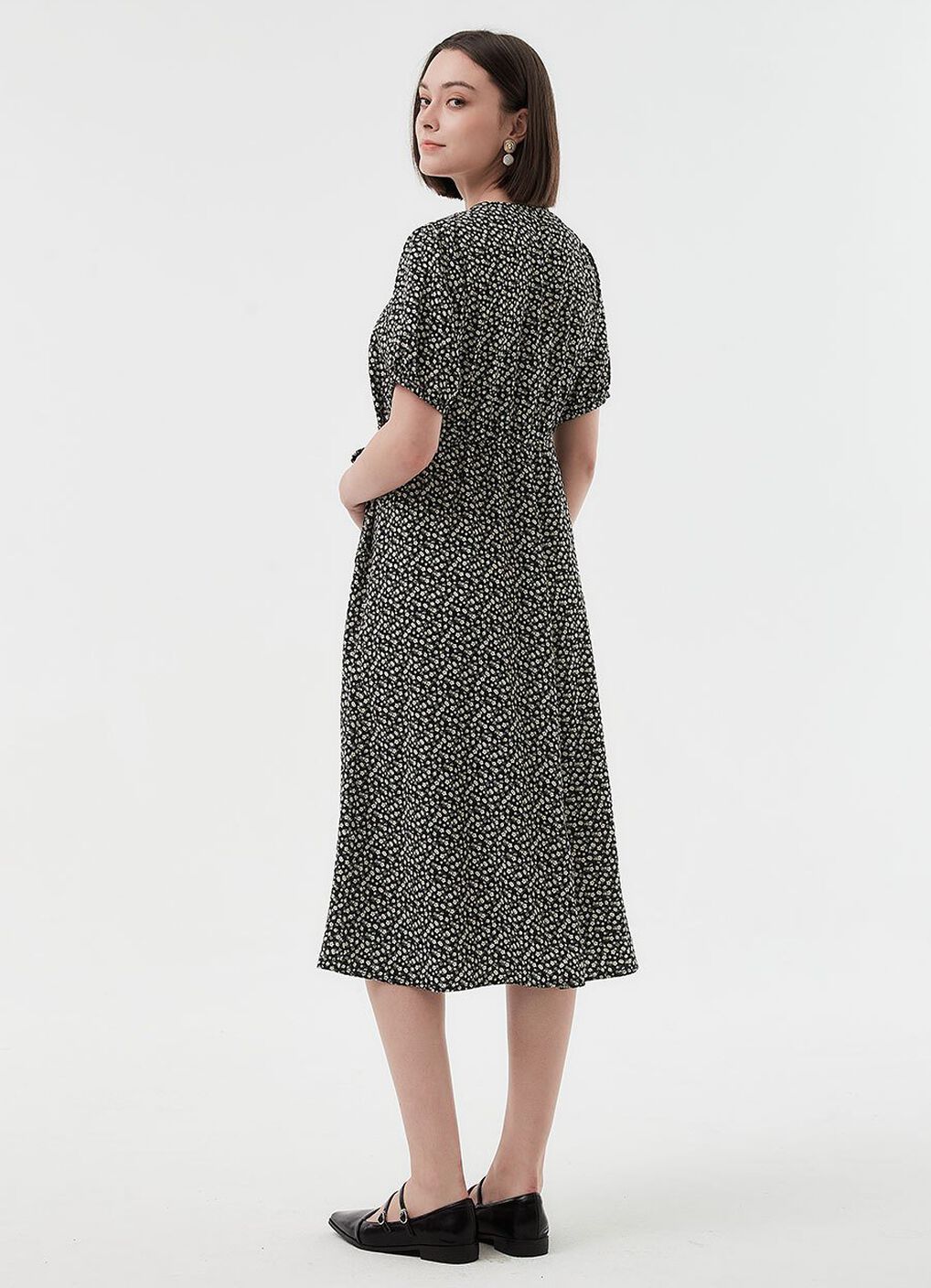 Floral Print Puff Sleeve Maternity & Nursing Dress, Black, hi-res image number 5