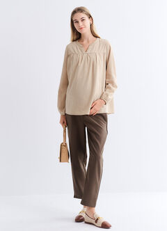 Pleated V-Neck Maternity & Nursing Top, Khaki, hi-res