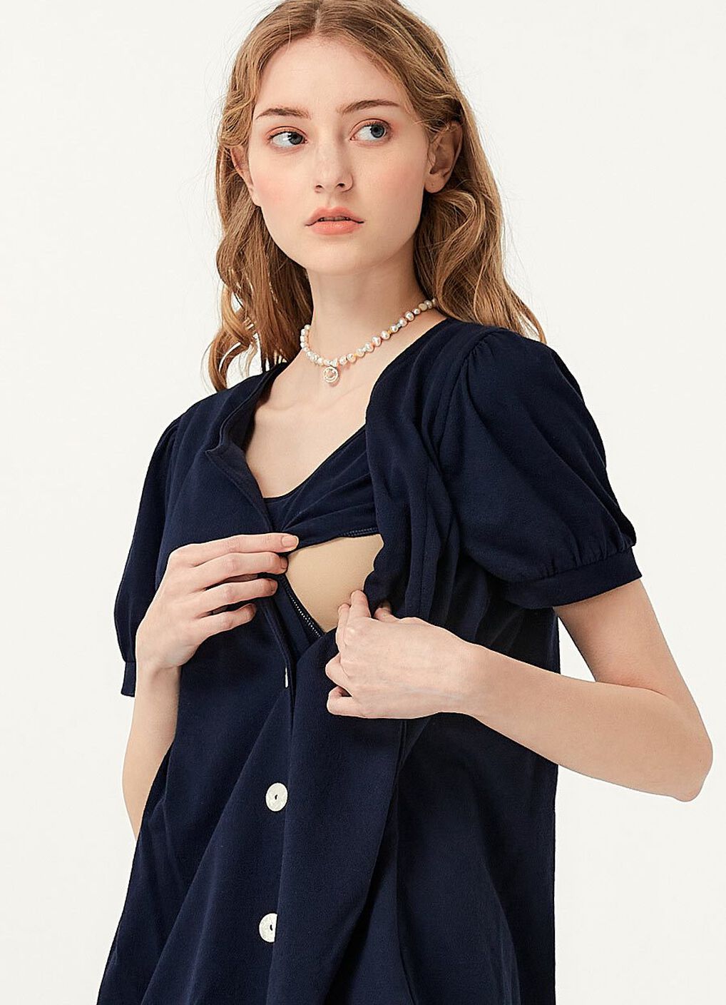 Puff Sleeves Button Down Maternity & Nursing Top, Navy, hi-res image number 1