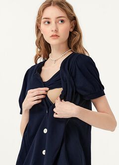 Puff Sleeves Button Down Maternity & Nursing Top, Navy, hi-res