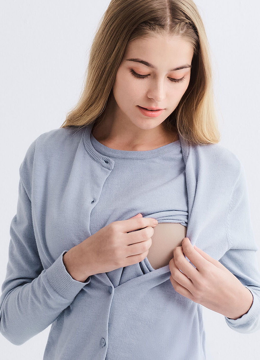 Knitted Crew Neck Maternity & Nursing Cardigan, Light Blue, hi-res image number 1