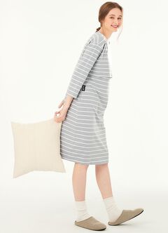 Striped Maternity & Nursing Pyjama Dress, Blue Grey, hi-res