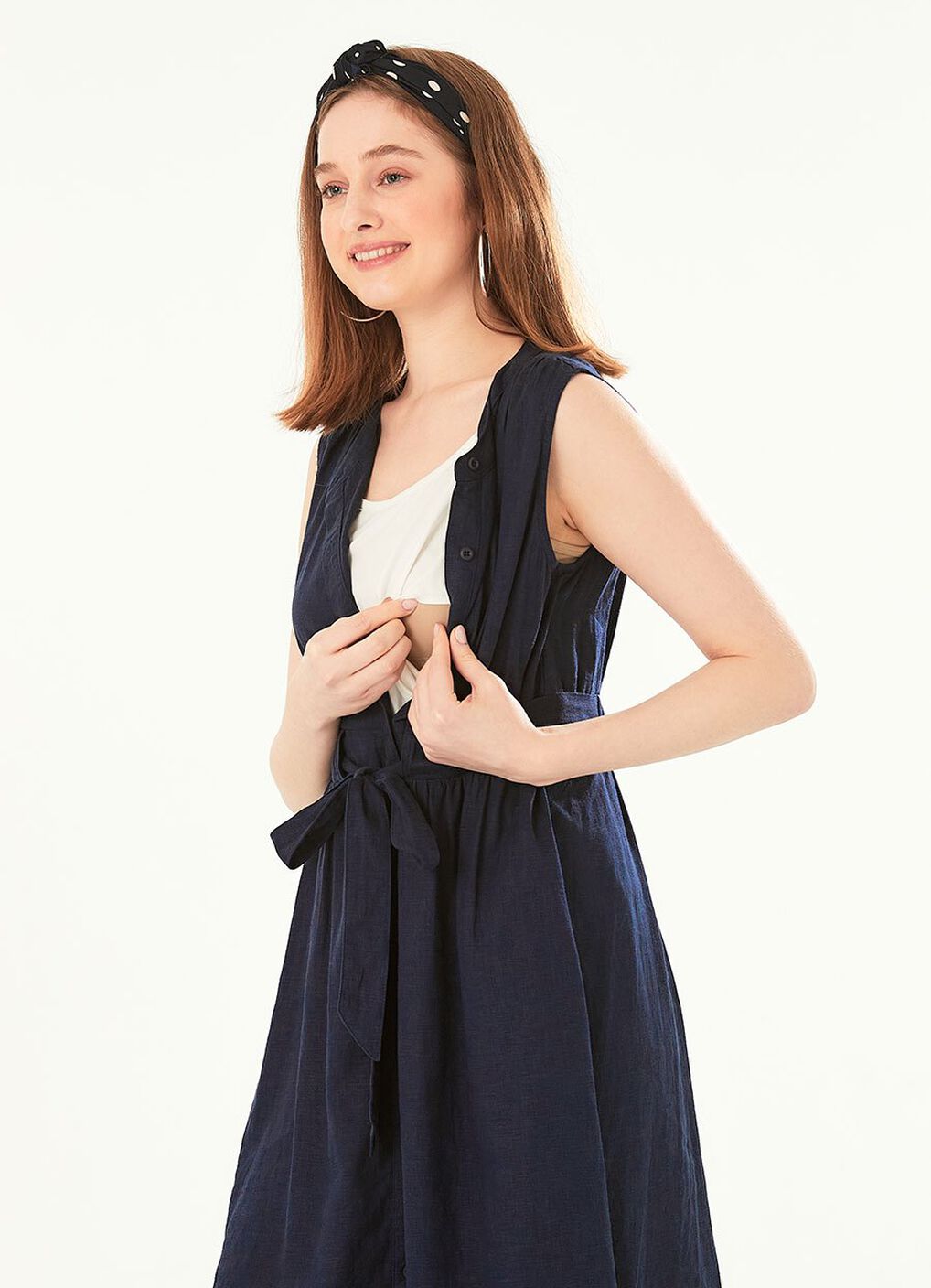 Button-through S/L Maternity & Nursing Dress, Navy, hi-res image number 1
