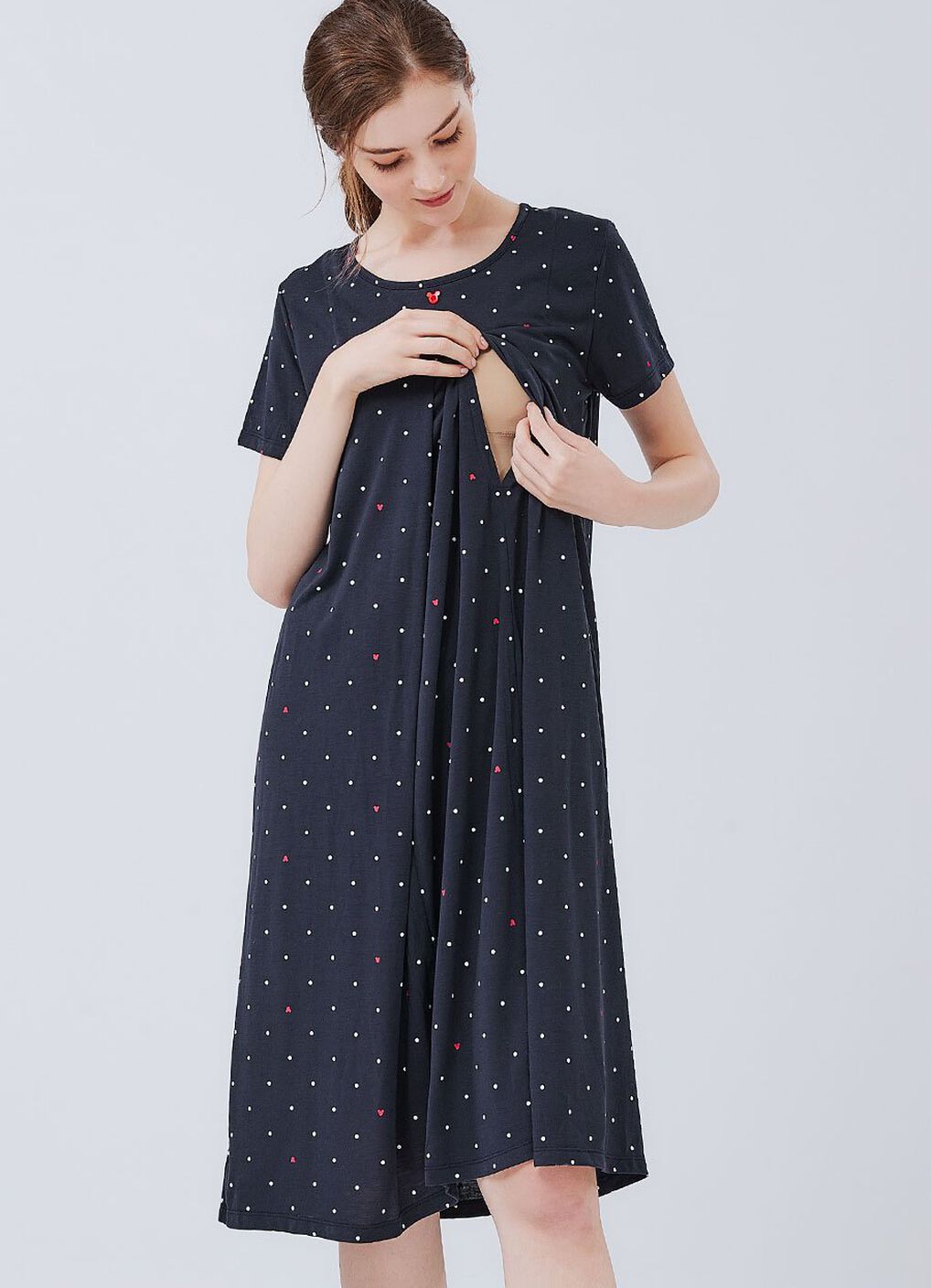 Mickey Dotty Maternity & Nursing Pyjama Dress, Navy, hi-res image number 1