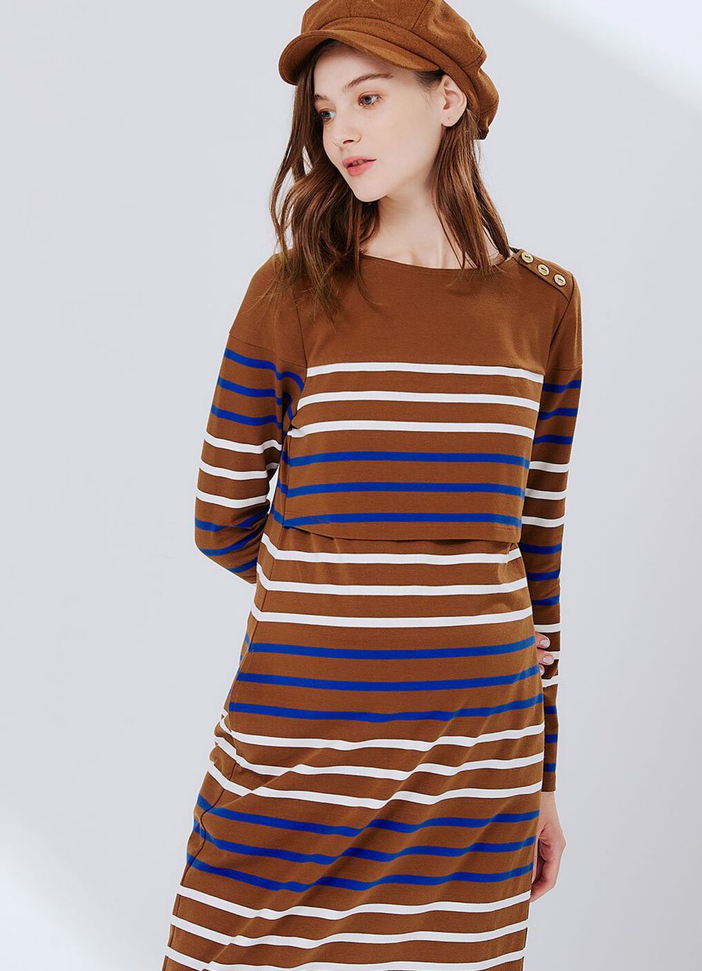 Striped Maternity & Nursing Dress, Camel, hi-res image number 0