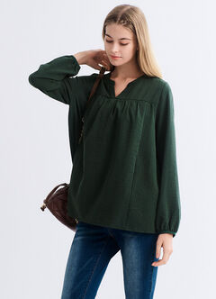 Pleated V-Neck Maternity & Nursing Top, Dark Green, hi-res