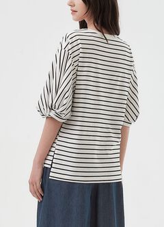 Striped Puff Sleeve Maternity & Nursing Top, White, hi-res