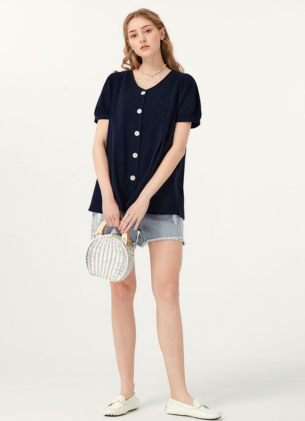 Puff Sleeves Button Down Maternity & Nursing Top, Navy, hi-res image number 3