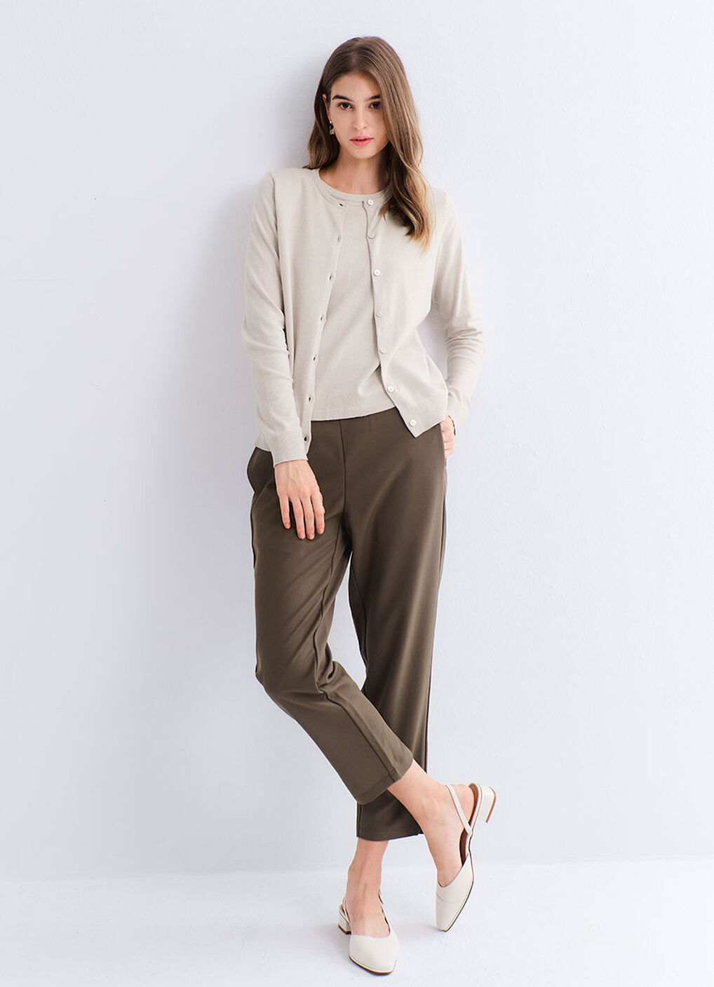 Knitted Crew Neck Maternity & Nursing Cardigan, Cream, hi-res image number 2