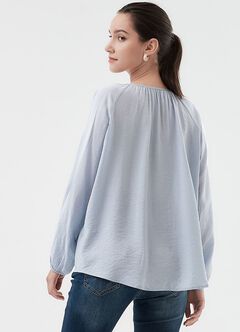 Pleated Round Neck Long Sleeve Maternity & Nursing Blouse, , hi-res