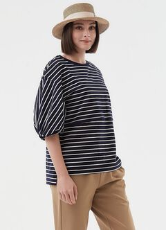 Striped Puff Sleeve Maternity & Nursing Top, , hi-res