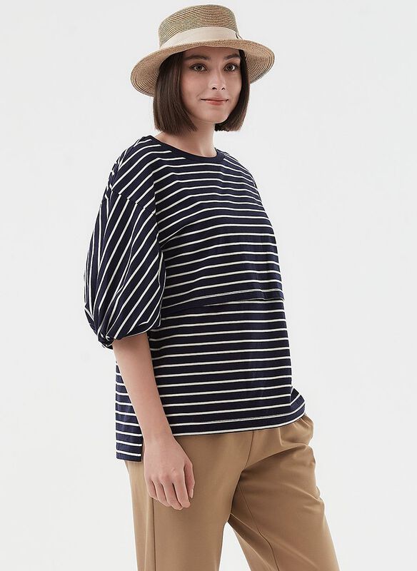 Striped Puff Sleeve Maternity & Nursing Top