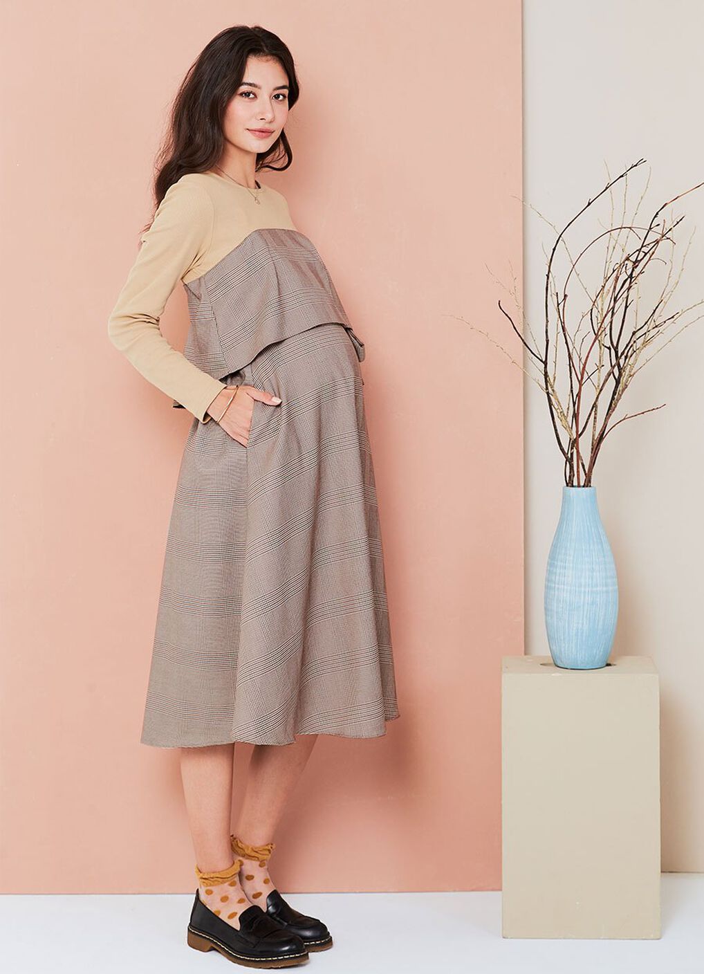 Splicing Maternity & Nursing Dress, Khaki, hi-res image number 3