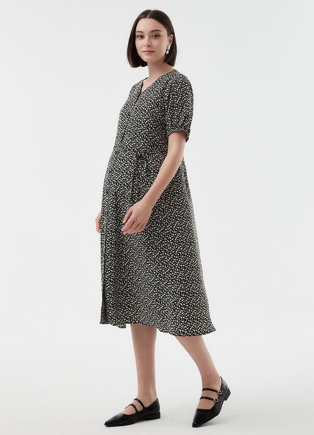 Floral Print Puff Sleeve Maternity & Nursing Dress, Black, hi-res image number 4