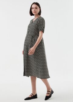 Floral Print Puff Sleeve Maternity & Nursing Dress, Black, hi-res