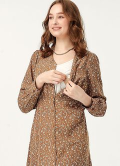 Floral Print V-Neck Maternity & Nursing Dress, Brown, hi-res