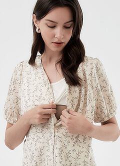 Floral Print Puff Sleeve Maternity & Nursing Dress, , hi-res