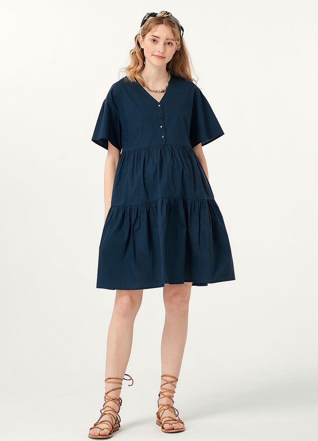 Flared Hem Cotton Maternity & Nursing Dress, Navy, hi-res image number 0