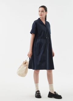 Collared Tie Waist Maternity & Nursing Short Sleeve Dress, Navy, hi-res