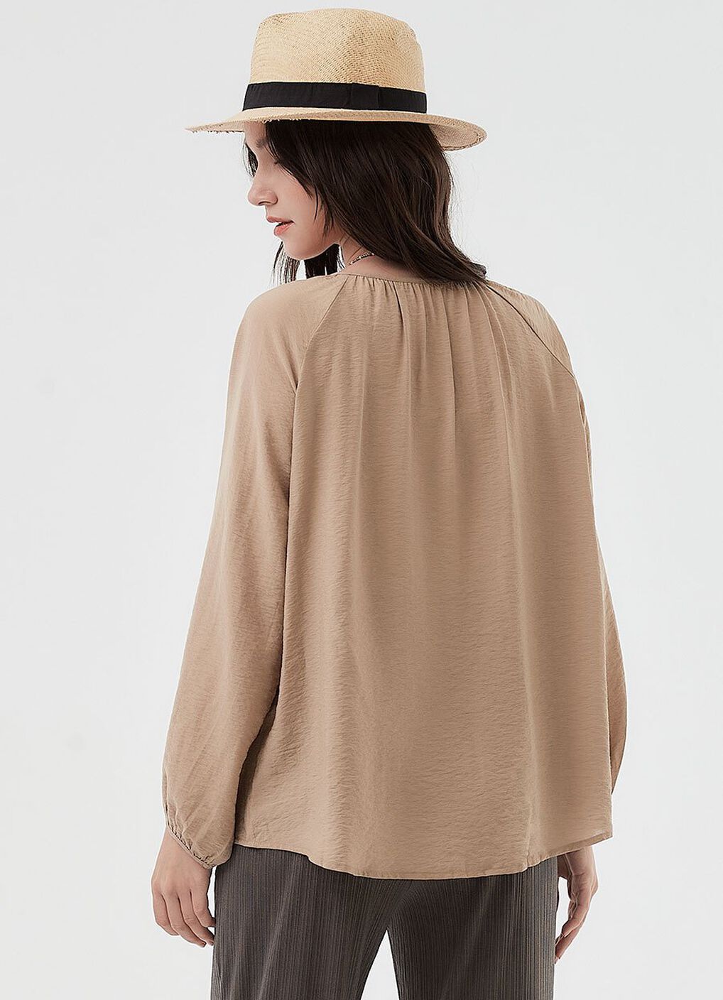 Pleated Round Neck Long Sleeve Maternity & Nursing Blouse, Khaki, hi-res image number 4