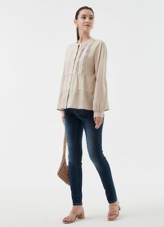 Emboss Pleated Long Sleeve Maternity & Nursing Shirt, Cream, hi-res