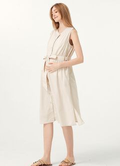 Button-through S/L Maternity & Nursing Dress, Khaki, hi-res