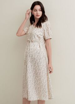 Floral Print Puff Sleeve Maternity & Nursing Dress, , hi-res