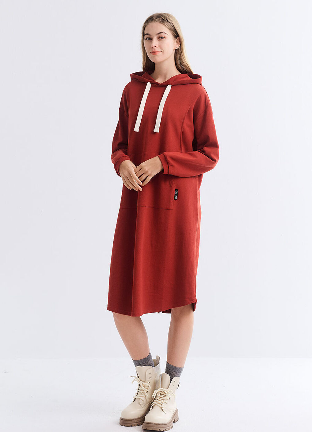 Relaxed Cotton Maternity & Nursing Hoodie Dress, Brick, hi-res image number 3