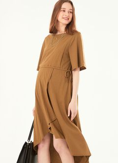 Drapey Maternity & Nursing Midi Dress, Brown, hi-res