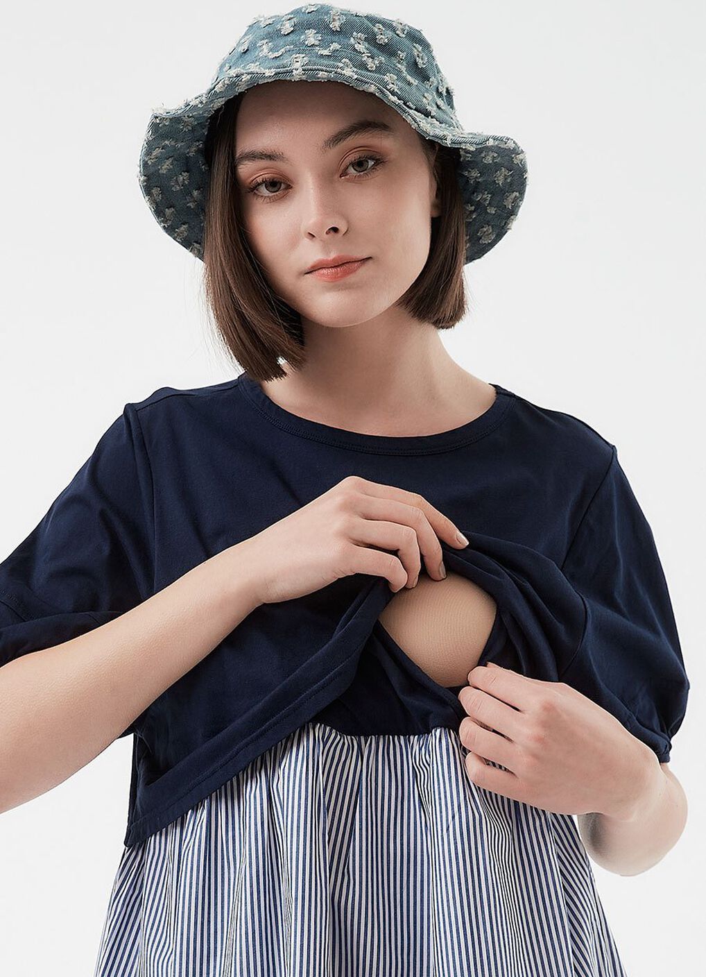 Umbrella Hem Short Sleeve Maternity & Nursing Top, Navy, hi-res image number 1