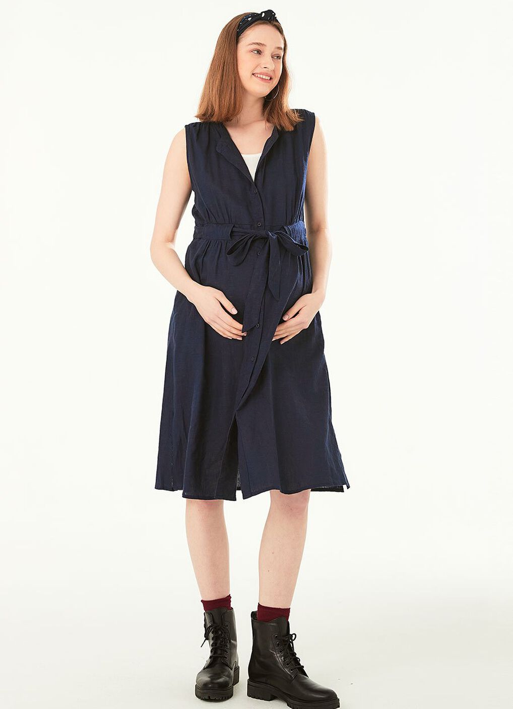 Button-through S/L Maternity & Nursing Dress, Navy, hi-res image number 3