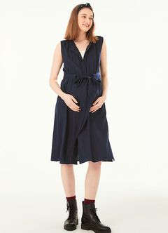 Button-through S/L Maternity & Nursing Dress, Navy, hi-res