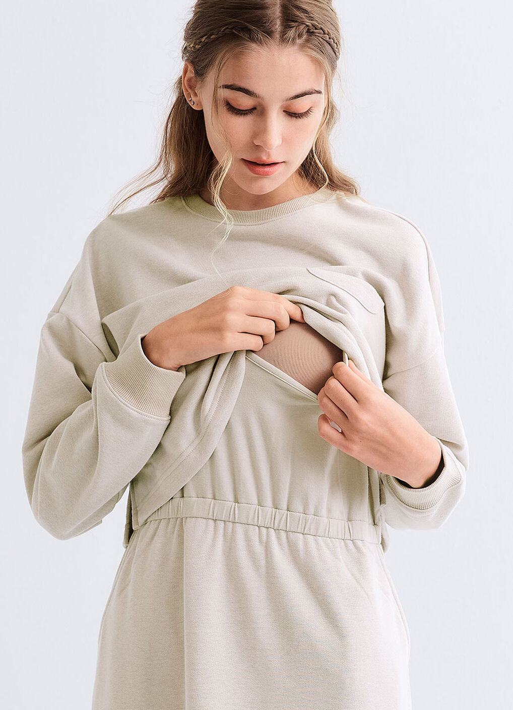 Back Slit Maternity & Nursing Two-Piece Dress, Cream, hi-res image number 1