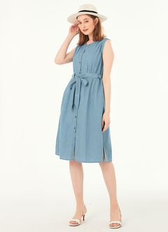 Button-through S/L Maternity & Nursing Dress, Blue, hi-res