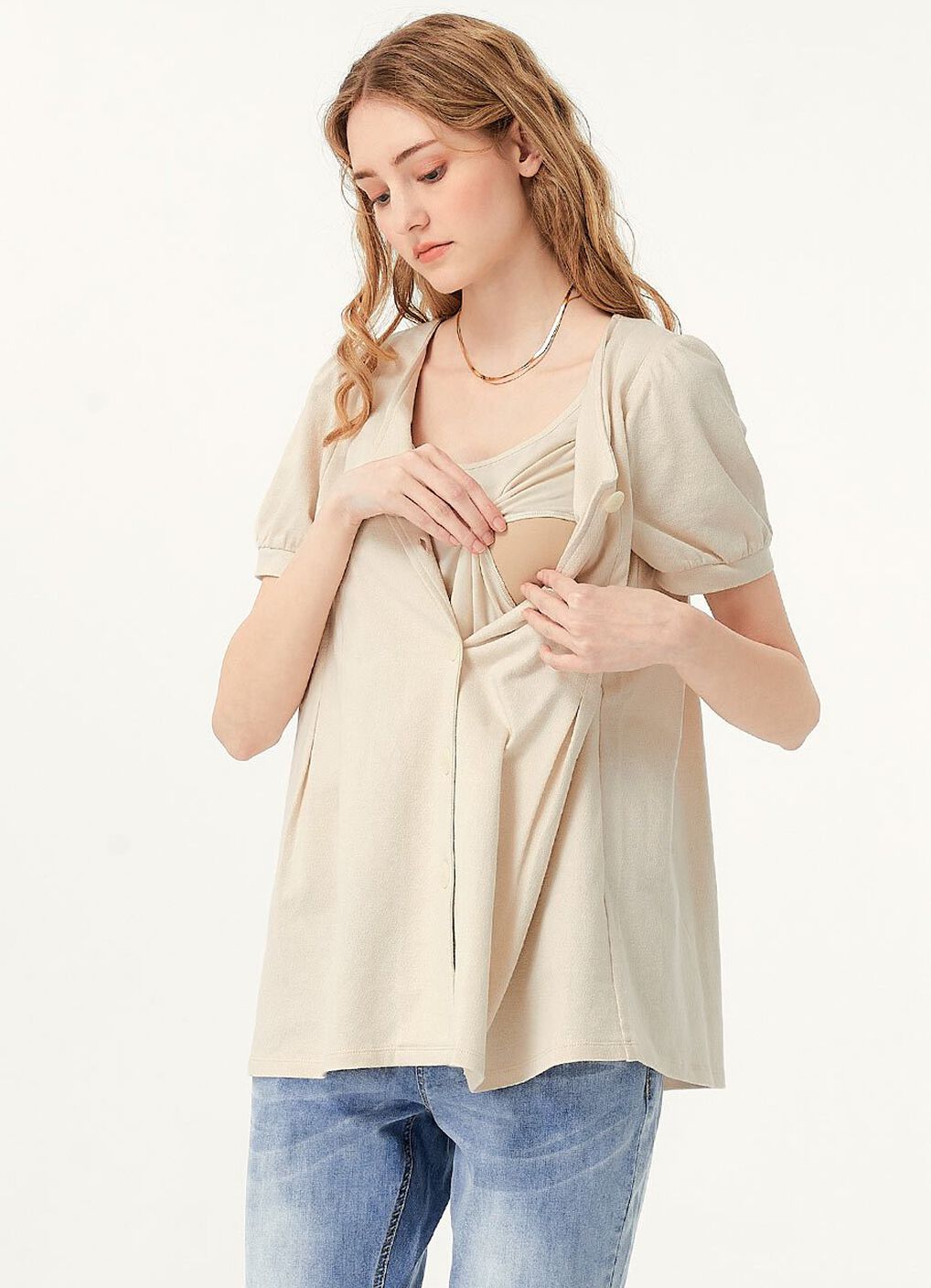 Puff Sleeves Button Down Maternity & Nursing Top, , hi-res image number 1
