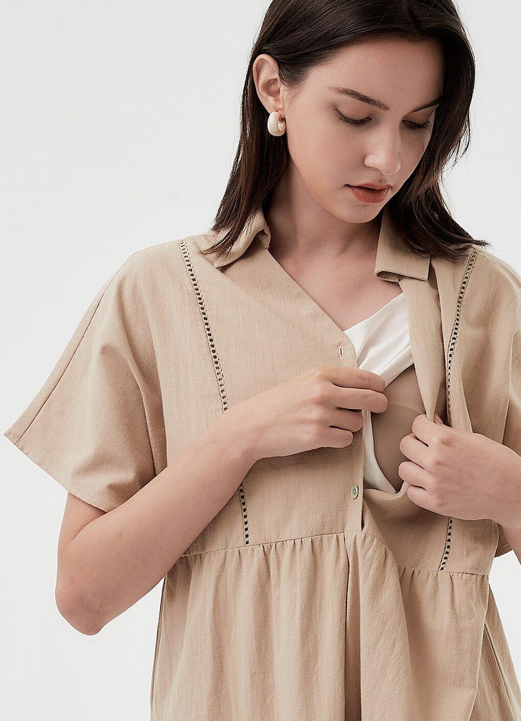 Cotton Maternity & Nursing Short Sleeve Tiered Dress, Khaki, hi-res image number 1