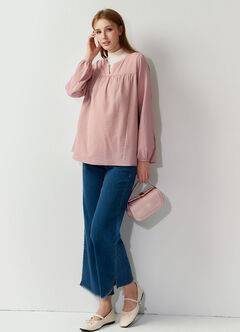 Pleated V-Neck Maternity & Nursing Top, Light Pink, hi-res