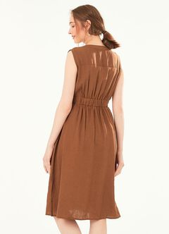 Button-through S/L Maternity & Nursing Dress, Brown, hi-res