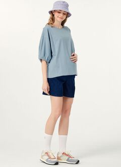 Lantern Sleeves Cotton M&N Top, Blue Grey, hi-res