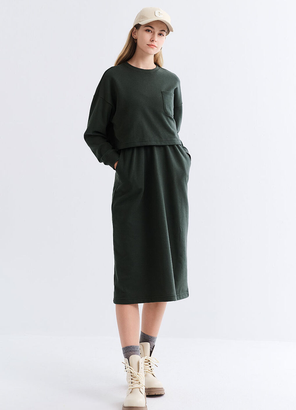 Back Slit Maternity & Nursing Two-Piece Dress, Dark Green, hi-res image number 0