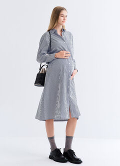 Striped Belted Maternity & Nursing Shirt Dress, Blue, hi-res