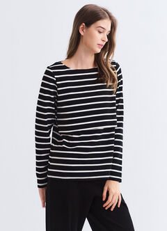 Striped Boat Neck Maternity & Nursing Top, Black, hi-res