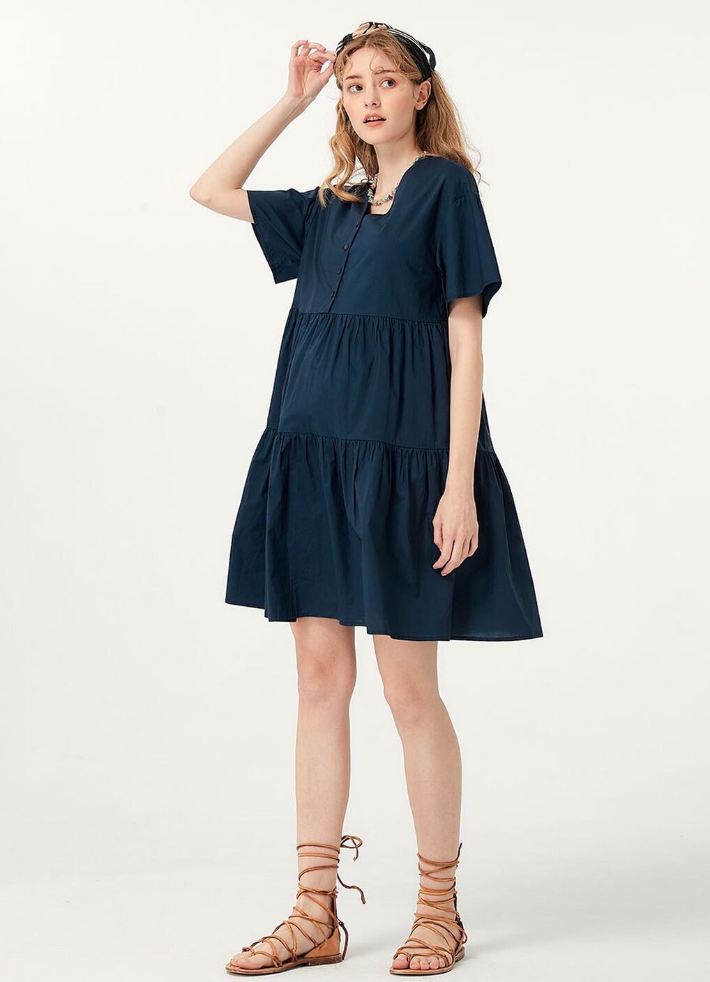 Flared Hem Cotton Maternity & Nursing Dress, Navy, hi-res image number 4