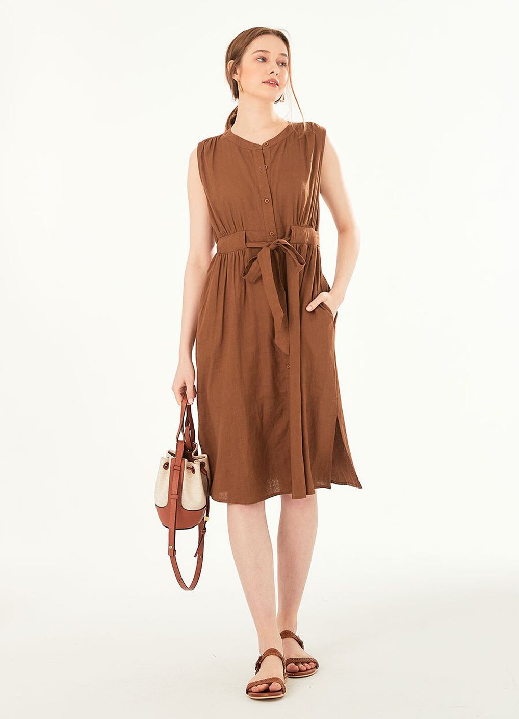 Button-through S/L Maternity & Nursing Dress, Brown, hi-res image number 2